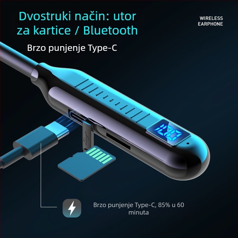 Bluetooth slušalice za vrat – sportski model, stereo, Bluetooth 5.0, domet 10 m, trajanje baterije >8 sati, IPX3