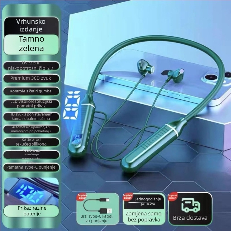 Bluetooth slušalice za vrat – sportski model, stereo, Bluetooth 5.0, domet 10 m, trajanje baterije >8 sati, IPX3