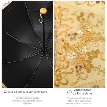 Ženski kišobran za sunce i kišu s čipkastom izvezom i vinilnim premazom, UPF>50, 8 rebara, 190T tkanina, ručno zatvaranje