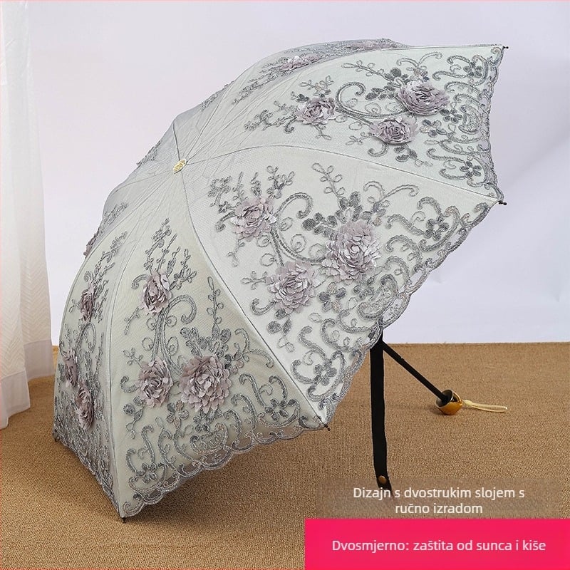 Ženski kišobran za sunce i kišu s čipkastom izvezom i vinilnim premazom, UPF>50, 8 rebara, 190T tkanina, ručno zatvaranje