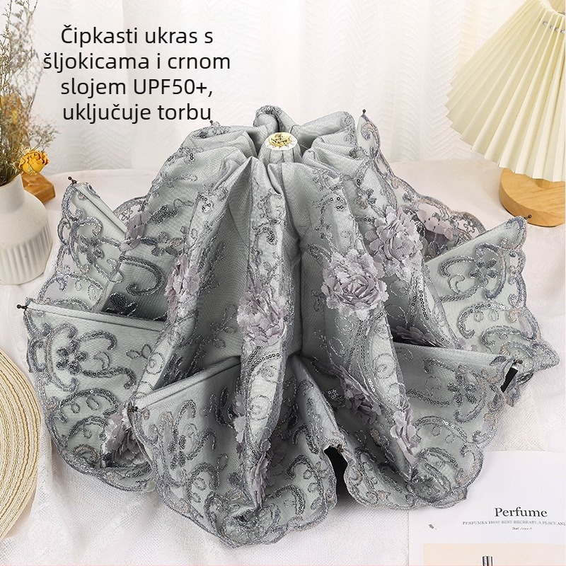 Ženski kišobran za sunce i kišu s čipkastom izvezom i vinilnim premazom, UPF>50, 8 rebara, 190T tkanina, ručno zatvaranje