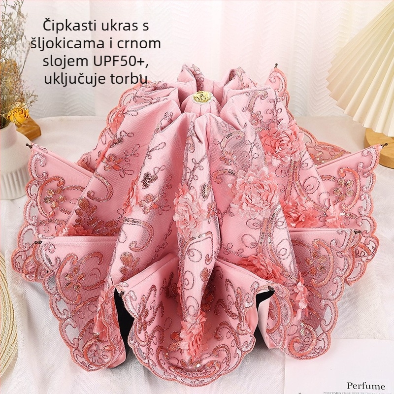 Ženski kišobran za sunce i kišu s čipkastom izvezom i vinilnim premazom, UPF>50, 8 rebara, 190T tkanina, ručno zatvaranje