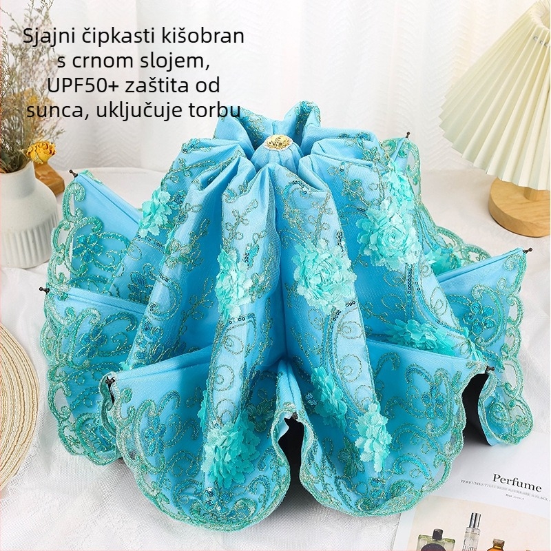 Ženski kišobran za sunce i kišu s čipkastom izvezom i vinilnim premazom, UPF>50, 8 rebara, 190T tkanina, ručno zatvaranje