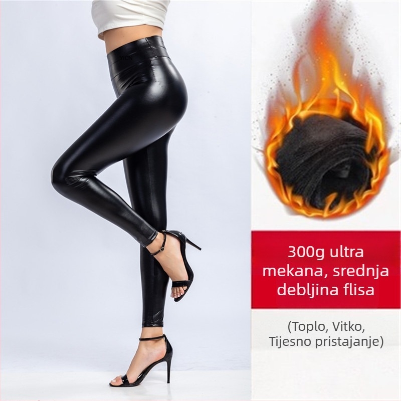 Ženske PU kožne legginse, visok pojas, elastičan uski kroj, toplo, jesen-zima