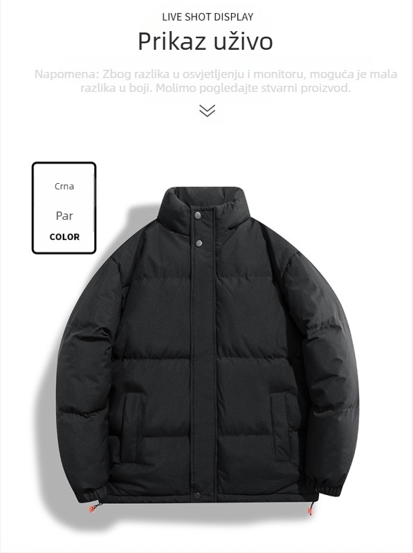 Pamuk kaput - bez kapuljače, stojeći ovratnik; Tkanina: 100% poliester; Punilo: poliester-pamuk; Podstava: poliester