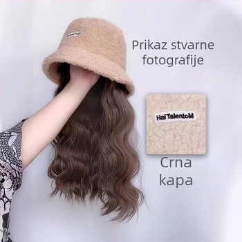 Ženska perika s integriranim zimskim šeširjem od ovčje vune, korejski stil, srednje do duge kose, žica otporna na temperaturu