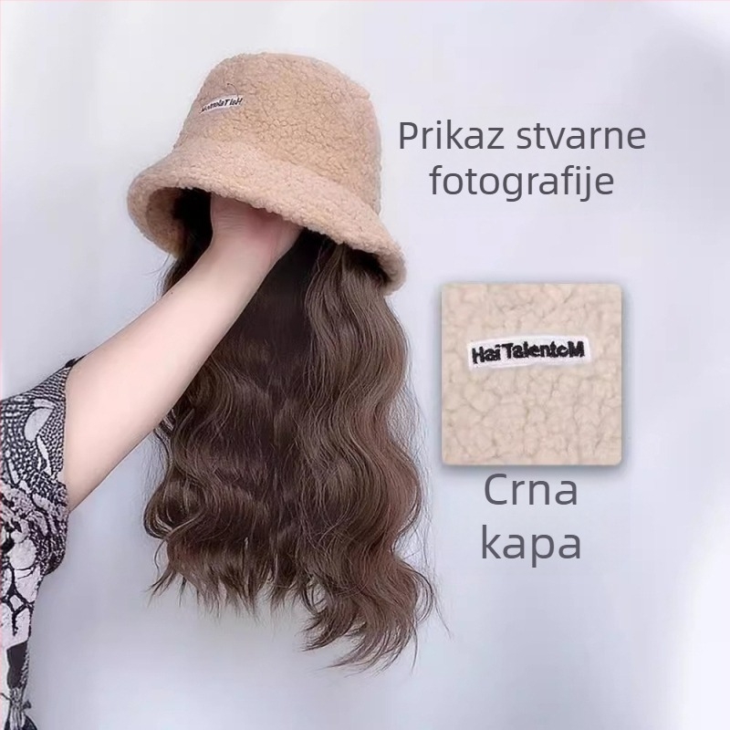 Ženska perika s integriranim zimskim šeširjem od ovčje vune, korejski stil, srednje do duge kose, žica otporna na temperaturu