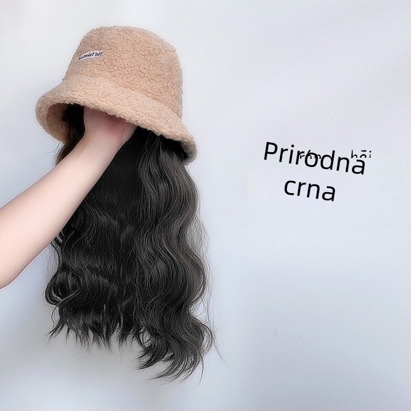Ženska perika s integriranim zimskim šeširjem od ovčje vune, korejski stil, srednje do duge kose, žica otporna na temperaturu