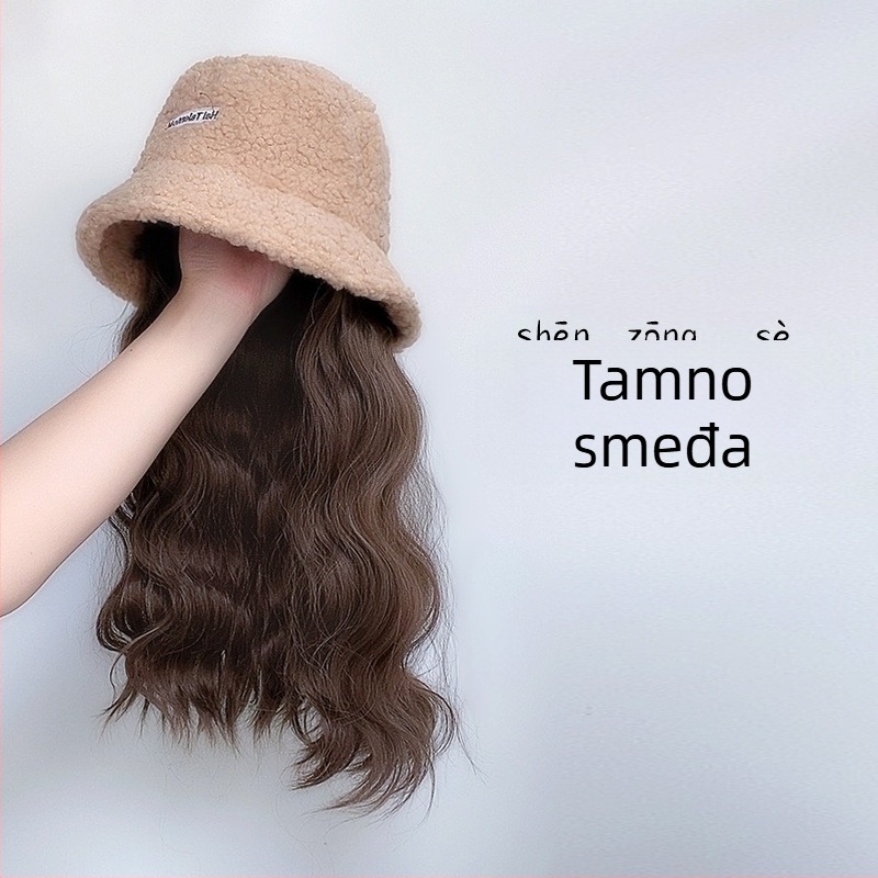 Ženska perika s integriranim zimskim šeširjem od ovčje vune, korejski stil, srednje do duge kose, žica otporna na temperaturu