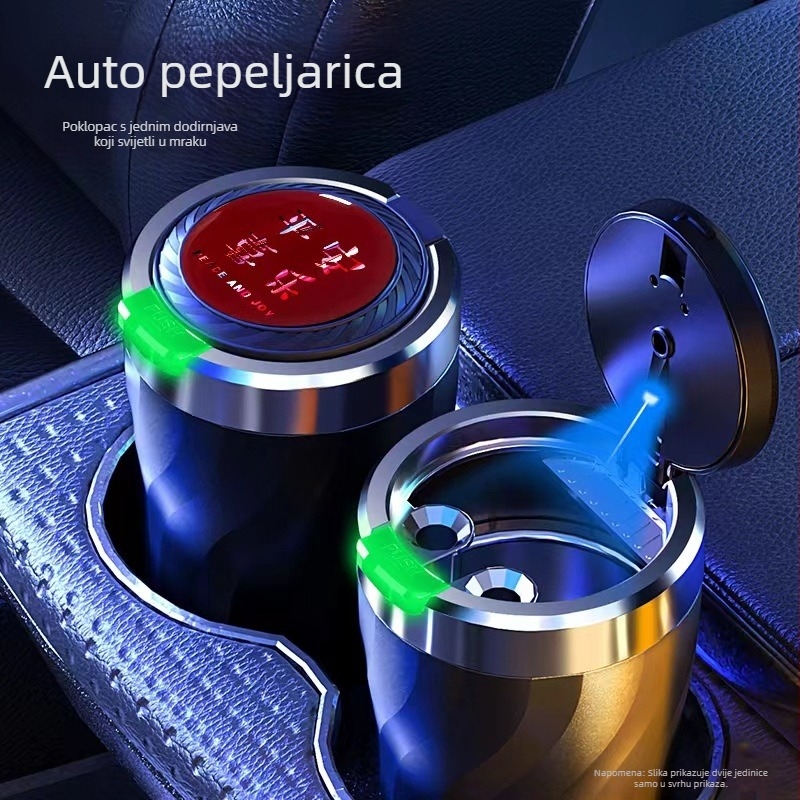 Automobilska pepeljara s poklopcem koji se otvara jednim klikom i svjetlom, univerzalni model, od plastike