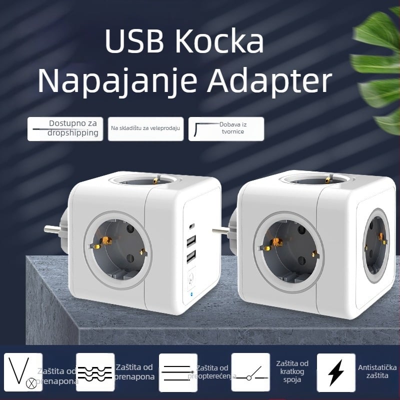 Europski USB kubasti produžni utikač, kompaktan, višenamjenski, 16A, 220-240V, 3680W, kućište od vatrootporne PC, voditelj od fosfor bronza