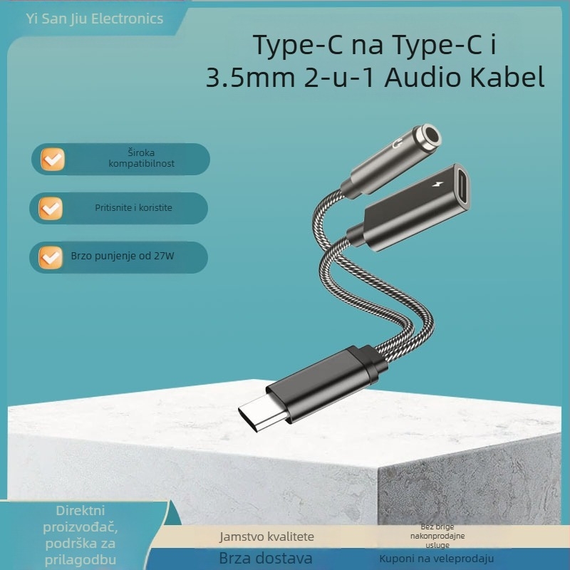 One Three Nine Model 003: Type-C na Type-C 3.5 mm 2-u-1 audio adapter za slušalice i auto s PD napajanjem, kompatibilan s Huawei i Xiaomi