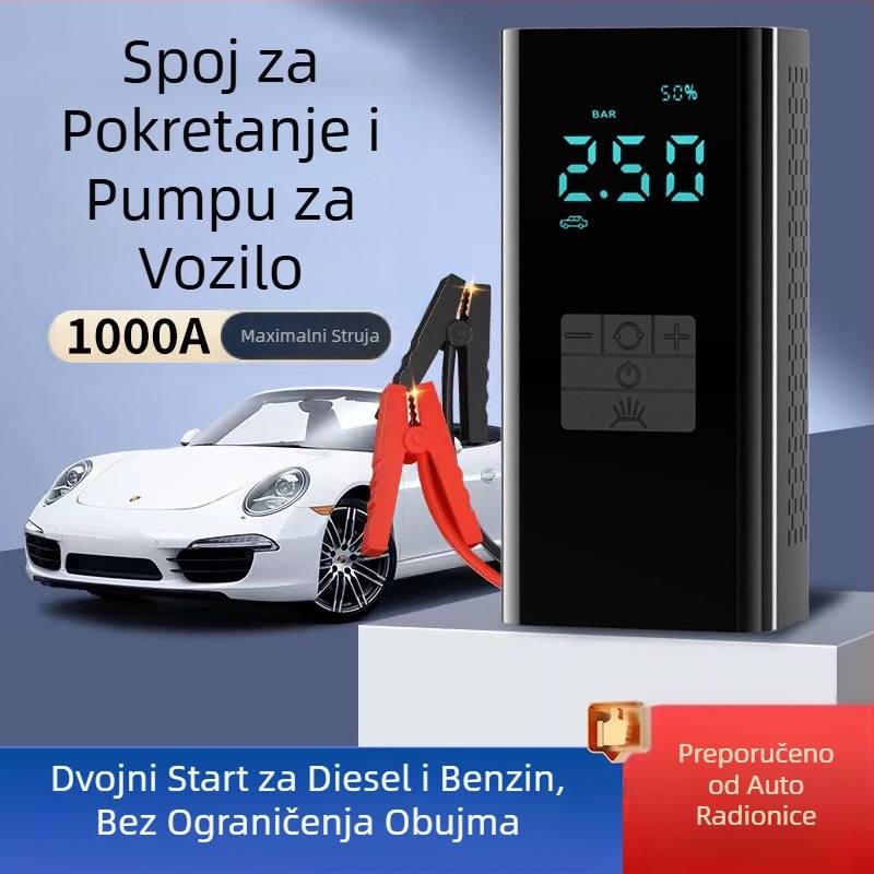 Prijenosna pumpa za zrak u automobilu s hitnim napajanjem — 14,8V, 100W, 25 L/min, digitalni zaslon, mjerač tlaka