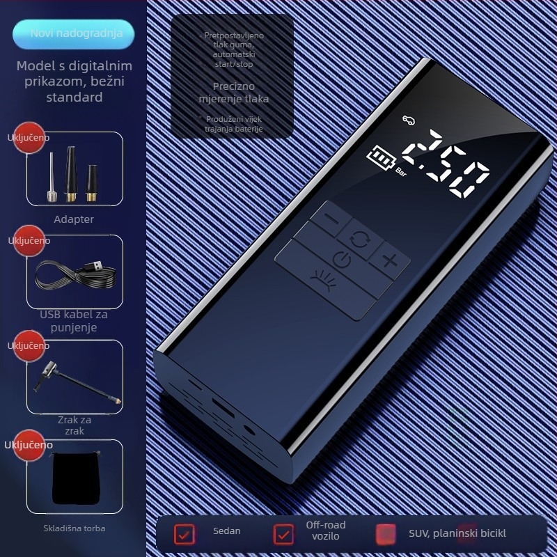 Prijenosna pumpa za zrak u automobilu s hitnim napajanjem — 14,8V, 100W, 25 L/min, digitalni zaslon, mjerač tlaka
