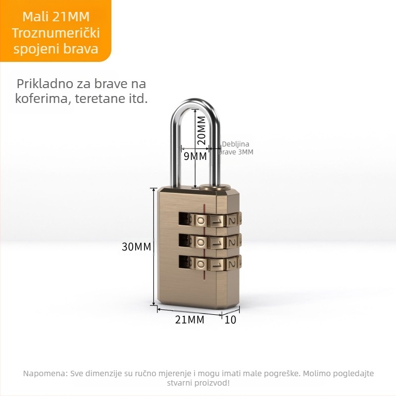 Katanac za prtljagu s brojčanom kombinacijom od 3 kotača, bakreni materijal, model: mali trokolni, debljina zaključnog štapa 3 mm, razmak zaključnih štapova 21 mm, tip: brojčani, stil: moderni minimalistički