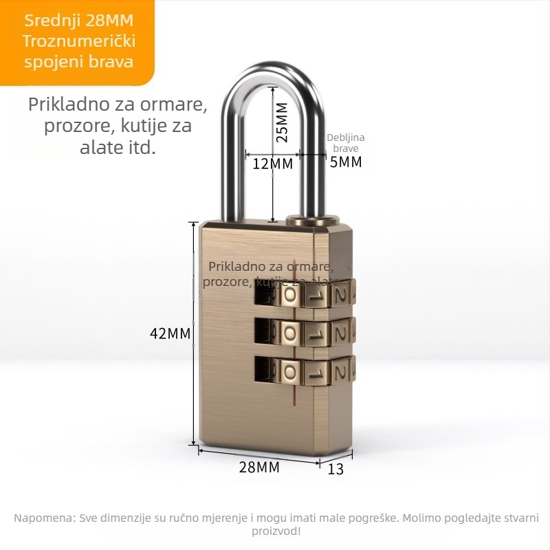 Katanac za prtljagu s brojčanom kombinacijom od 3 kotača, bakreni materijal, model: mali trokolni, debljina zaključnog štapa 3 mm, razmak zaključnih štapova 21 mm, tip: brojčani, stil: moderni minimalistički