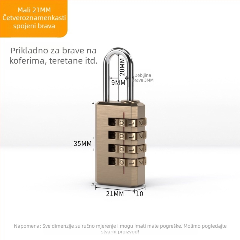 Katanac za prtljagu s brojčanom kombinacijom od 3 kotača, bakreni materijal, model: mali trokolni, debljina zaključnog štapa 3 mm, razmak zaključnih štapova 21 mm, tip: brojčani, stil: moderni minimalistički