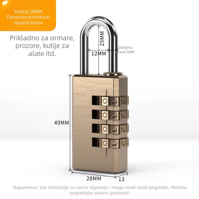 Katanac za prtljagu s brojčanom kombinacijom od 3 kotača, bakreni materijal, model: mali trokolni, debljina zaključnog štapa 3 mm, razmak zaključnih štapova 21 mm, tip: brojčani, stil: moderni minimalistički