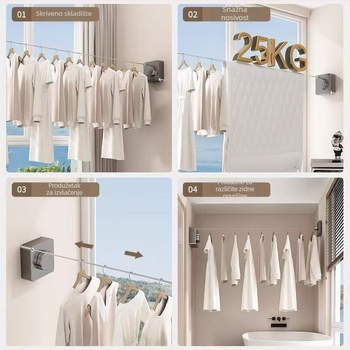 Vješalica za balkon za sušenje rublja, teleskopska, montaža bez bušenja, 304 nehrđajući čelik, ABS + aluminijska osnova