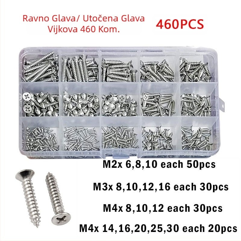 Disheng set samoreznih vijaka od nehrđajućeg čelika 304 s konusnom glavom, bijeli završni premaz, kvaliteta proizvoda 4.8