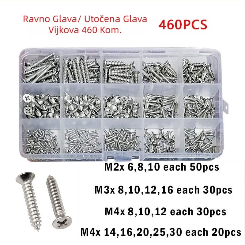 Disheng set samoreznih vijaka od nehrđajućeg čelika 304 s konusnom glavom, bijeli završni premaz, kvaliteta proizvoda 4.8