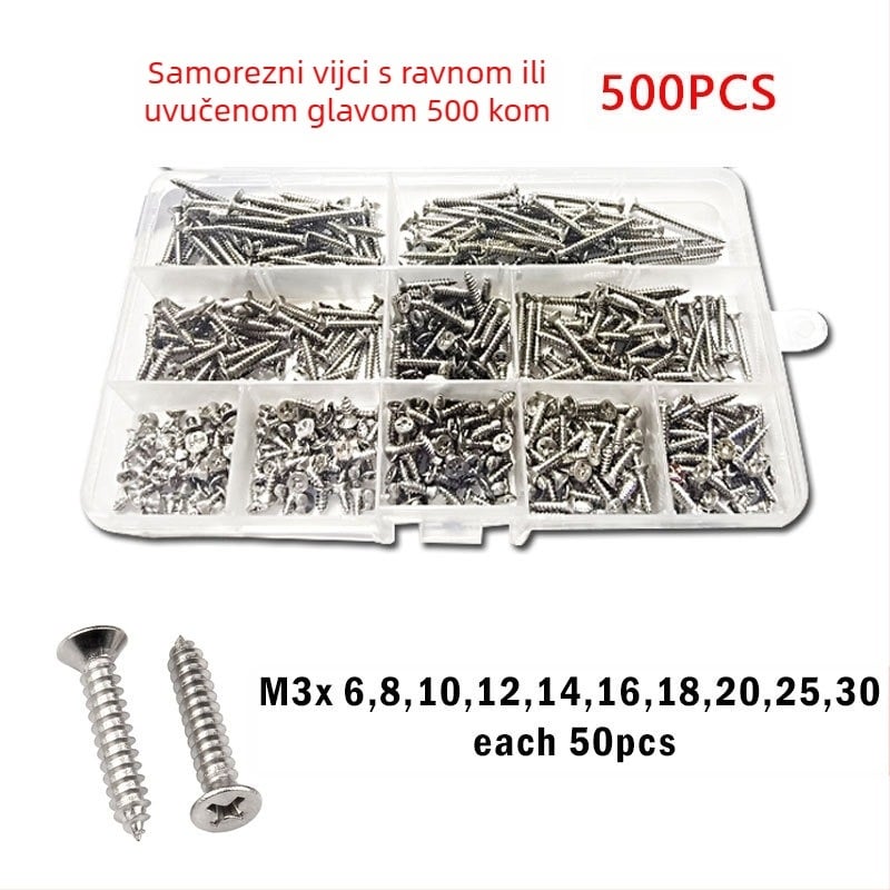 Disheng set samoreznih vijaka od nehrđajućeg čelika 304 s konusnom glavom, bijeli završni premaz, kvaliteta proizvoda 4.8