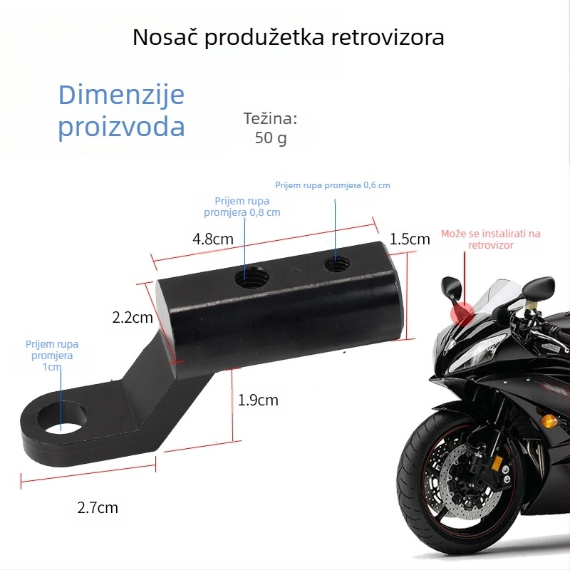 Okvir za montažu svjetla na motocikl s proširenjem nosača, steznom za cijev i držačem lampe za prednji blatnik