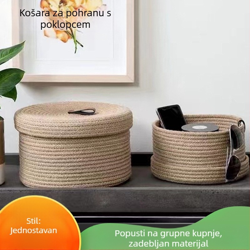 Jednobojna pletena košarica za pohranu od pamukovog užeta, s poklopcem, pogodna za stol za kavu ili radni stol, za organiziranje sitnica i kozmetike.