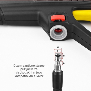 Visokotlačni pištolj za pranje automobila, glava i držač od inženjerskih plastika, doseg prskanja 2 m, tlak vode 160 bar / 2320 psi