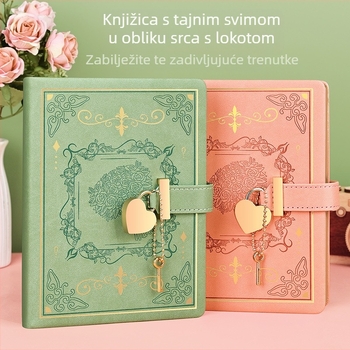 Bilježnica s zaključavanjem lozinkom, srcolik zatvarač, umjetna koža, 128 stranica, papir 100 g/m²