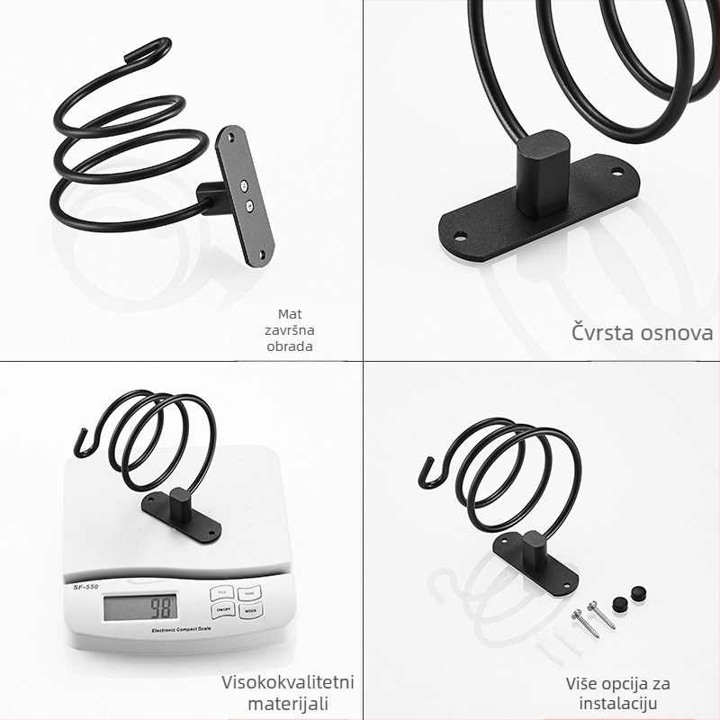 Zidni nosač sušila za kosu u kupaonici — aluminij, anodni oksid, montaža bez bušenja, nosivost 2 kg, model 9442