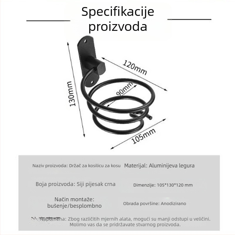 Zidni nosač sušila za kosu u kupaonici — aluminij, anodni oksid, montaža bez bušenja, nosivost 2 kg, model 9442