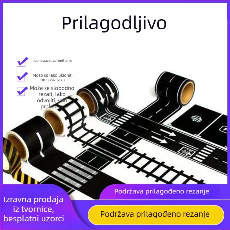 Papirnata traka s dizajnom cesta i željeznice za DIY – automobili i vlakovi, zakrivljene naljepnice; model YS3, podloga: papir, debljina: 80 μm, pogodna za pakiranje darova, ukrašavanje knjiga, ručni radovi