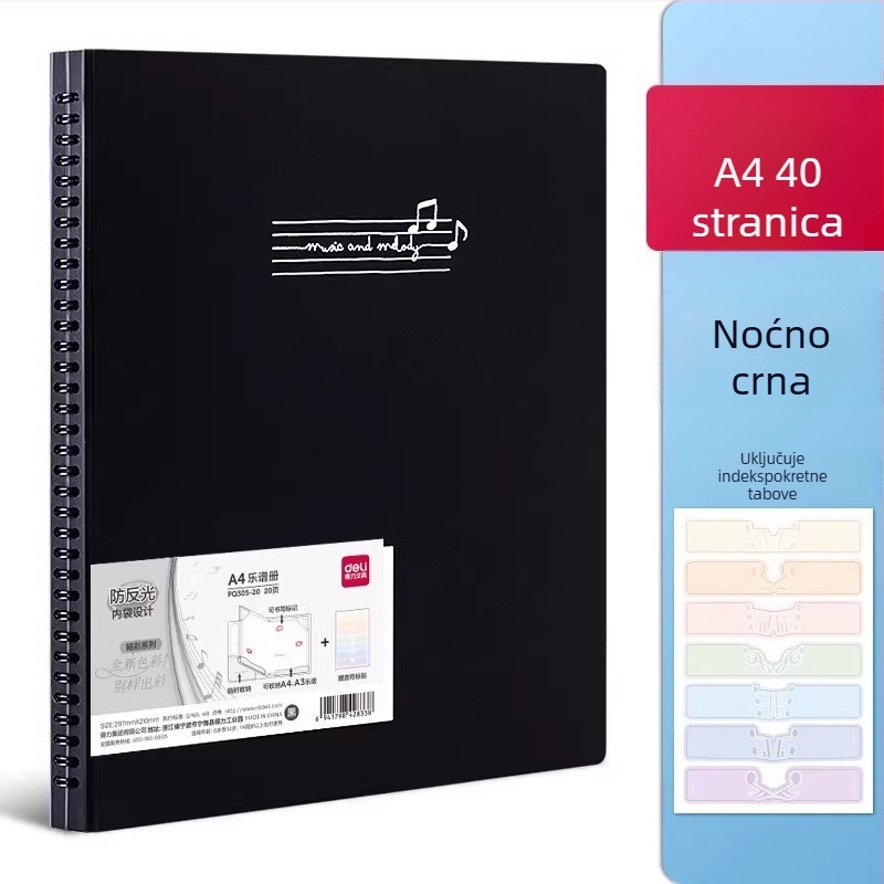 Deli mapa za note, PP materijal, prozirne umetke, zamjenjiva mapa za partiture