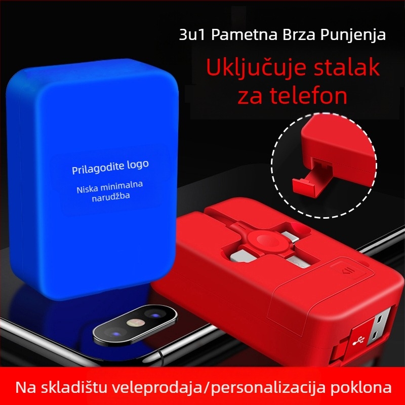 3-u-1 sklopivi kabel za punjenje s nosačem, Lightning/Micro USB/USB-C, brzo punjenje, maksimalni izlaz 3A