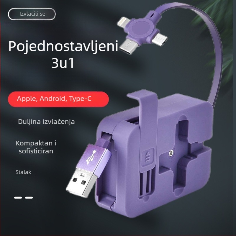 3-u-1 sklopivi kabel za punjenje s nosačem, Lightning/Micro USB/USB-C, brzo punjenje, maksimalni izlaz 3A