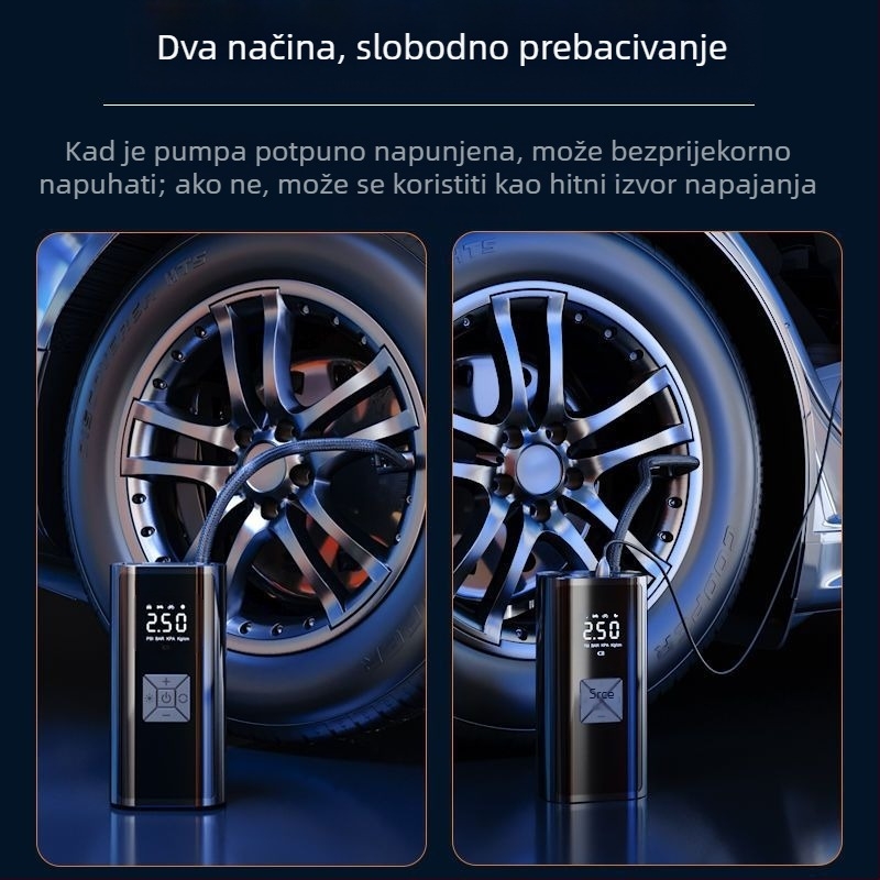 Pametna bežična pumpa za napuhivanje automobila s digitalnim zaslonom, automatsko uključivanje-isključivanje, za auto i motocikl, 7.4–12V, 120W, 3 m kabel, 25 L/min