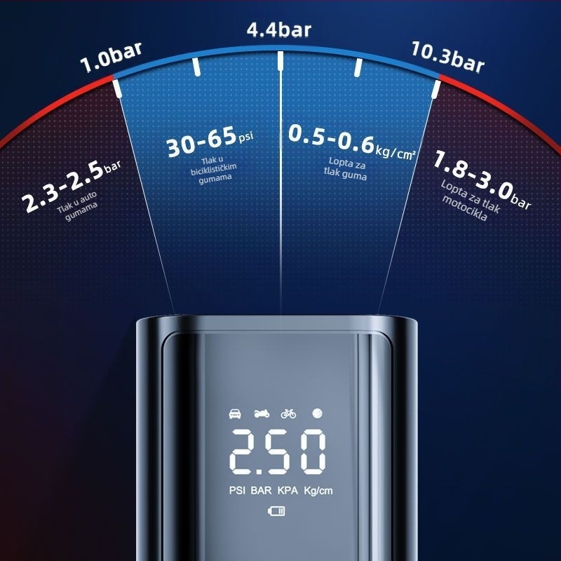 Pametna bežična pumpa za napuhivanje automobila s digitalnim zaslonom, automatsko uključivanje-isključivanje, za auto i motocikl, 7.4–12V, 120W, 3 m kabel, 25 L/min