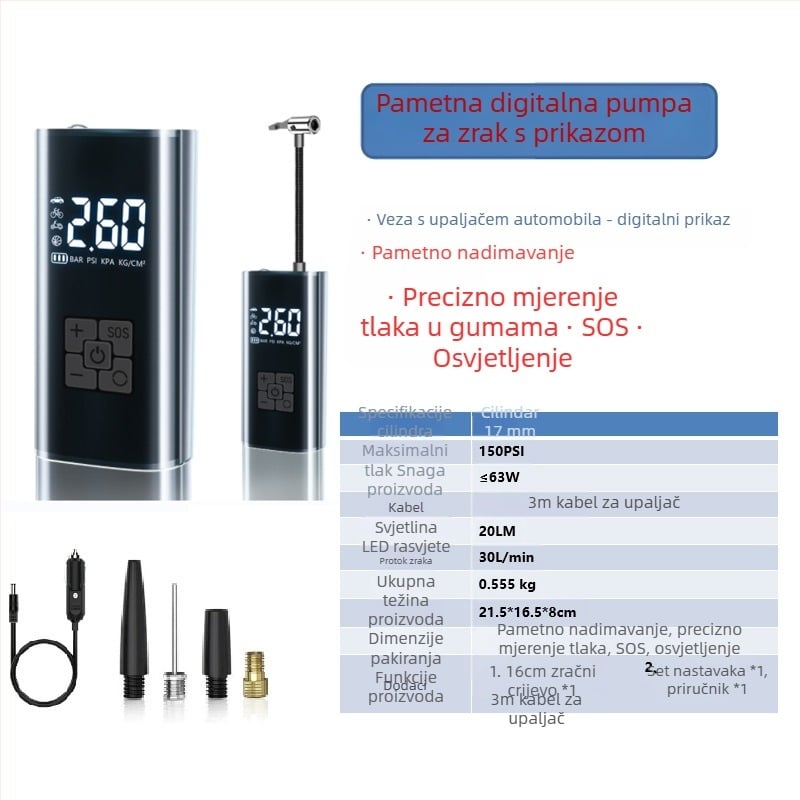 Pametna bežična pumpa za napuhivanje automobila s digitalnim zaslonom, automatsko uključivanje-isključivanje, za auto i motocikl, 7.4–12V, 120W, 3 m kabel, 25 L/min