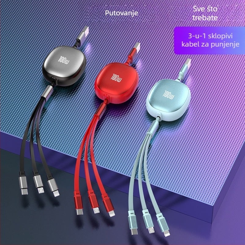 Izvlačni 3-u-1 USB kabel s aluminijskim kućištem – 100W brzo punjenje, Lightning, Micro USB i Type-C