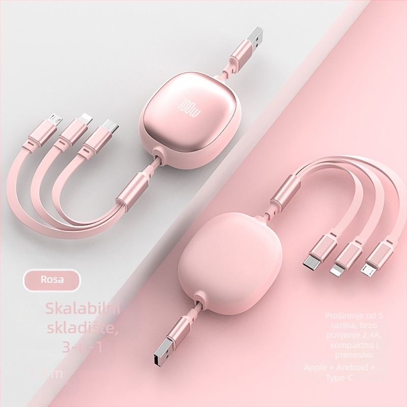 Izvlačni 3-u-1 USB kabel s aluminijskim kućištem – 100W brzo punjenje, Lightning, Micro USB i Type-C
