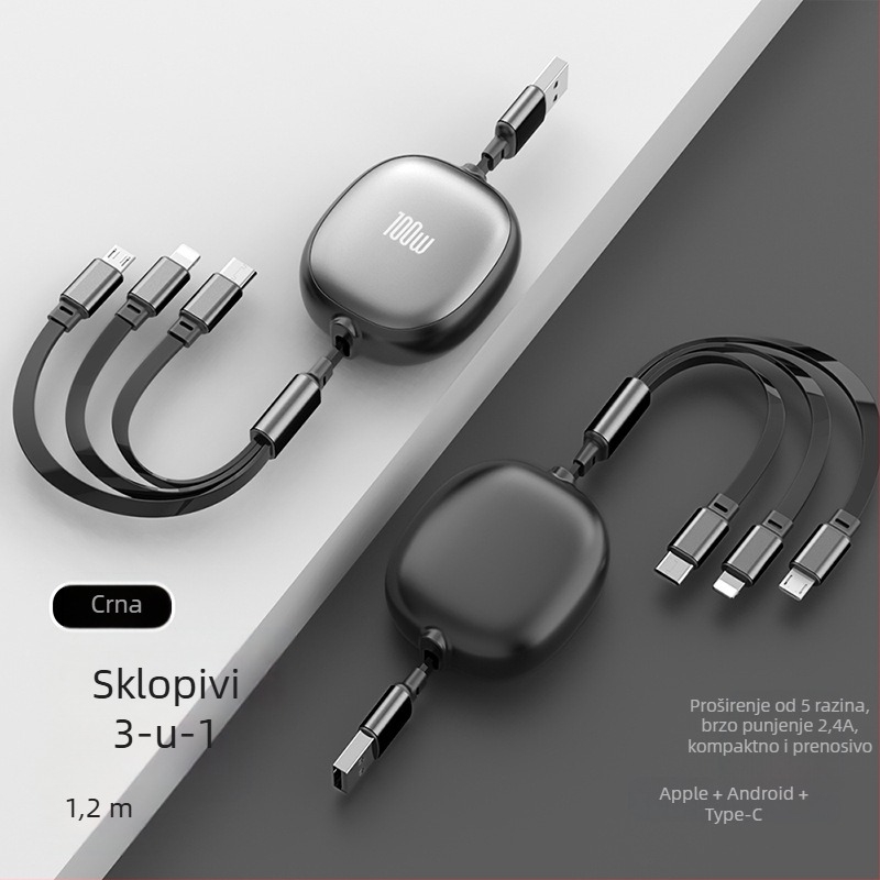 Izvlačni 3-u-1 USB kabel s aluminijskim kućištem – 100W brzo punjenje, Lightning, Micro USB i Type-C