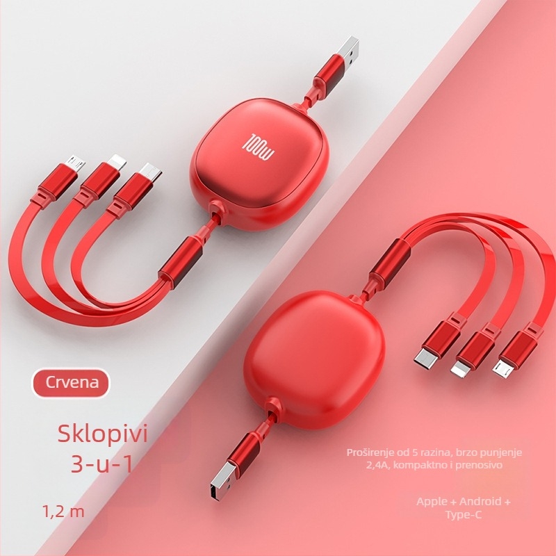 Izvlačni 3-u-1 USB kabel s aluminijskim kućištem – 100W brzo punjenje, Lightning, Micro USB i Type-C