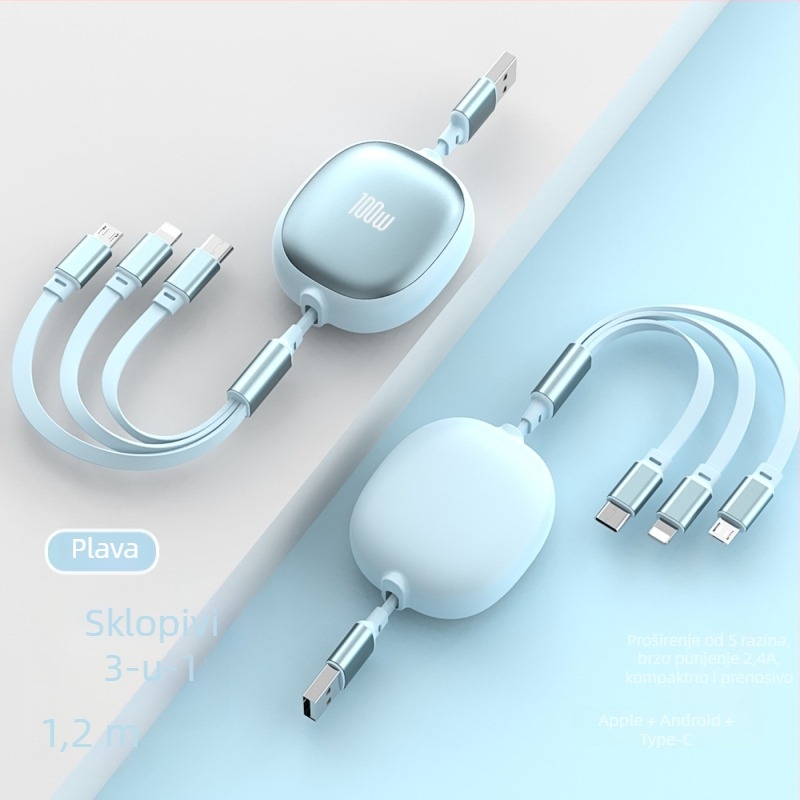 Izvlačni 3-u-1 USB kabel s aluminijskim kućištem – 100W brzo punjenje, Lightning, Micro USB i Type-C