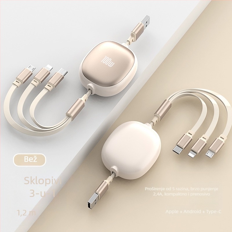 Izvlačni 3-u-1 USB kabel s aluminijskim kućištem – 100W brzo punjenje, Lightning, Micro USB i Type-C