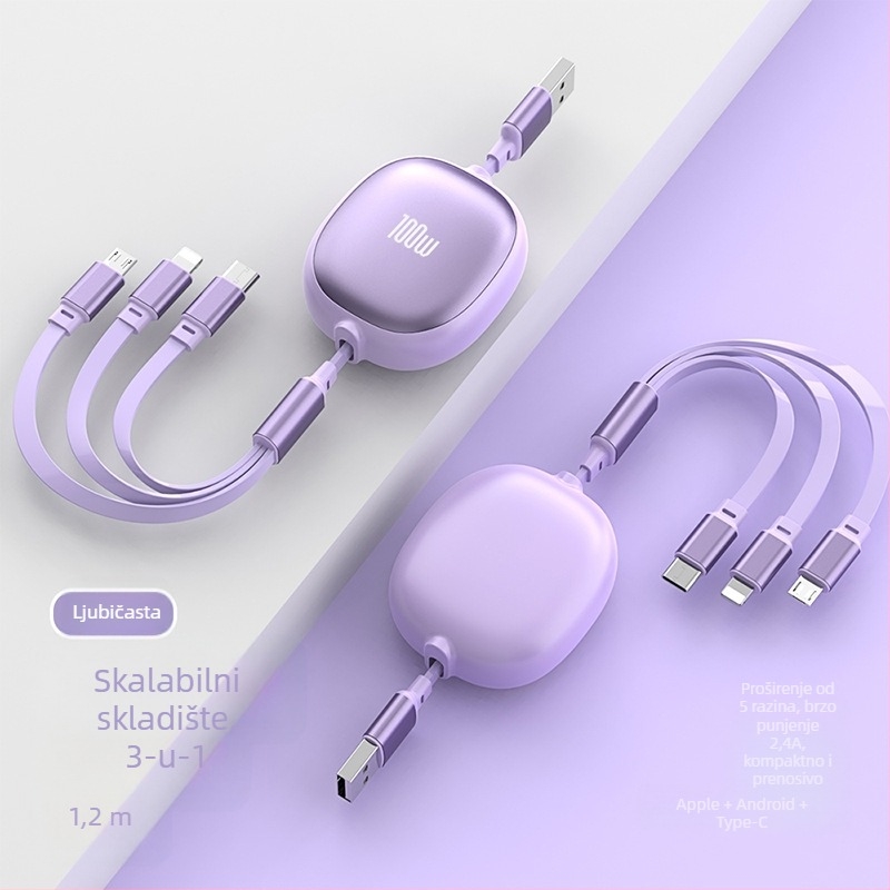 Izvlačni 3-u-1 USB kabel s aluminijskim kućištem – 100W brzo punjenje, Lightning, Micro USB i Type-C