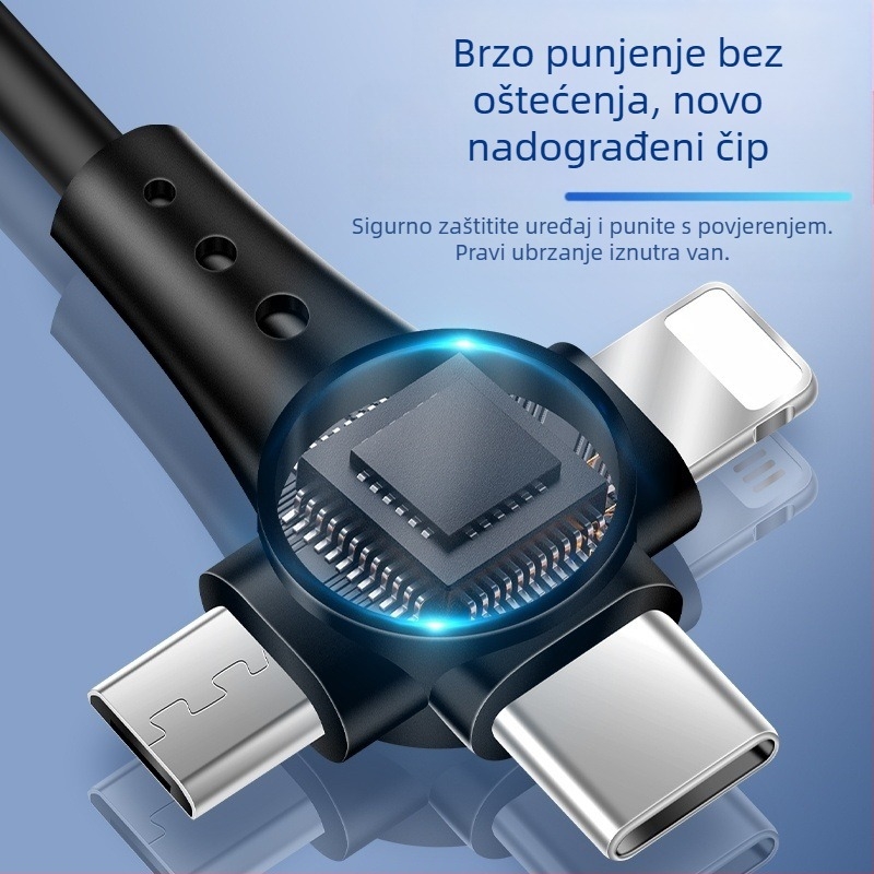 3-u-1 kabl za prijenos podataka i brzo punjenje s Lightning/Micro USB/USB-C, dužina 1,5 m, maksimalna snaga 120 W, materijal TPE