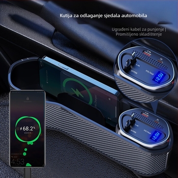 Kutija za skladištenje u prostoru između sjedala automobila s bežičnim punjenjem, teleskopskim kabelom i digitalnim zaslonom