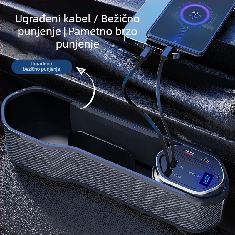 Kutija za skladištenje u prostoru između sjedala automobila s bežičnim punjenjem, teleskopskim kabelom i digitalnim zaslonom