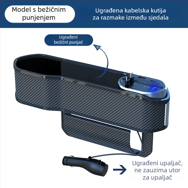 Kutija za skladištenje u prostoru između sjedala automobila s bežičnim punjenjem, teleskopskim kabelom i digitalnim zaslonom